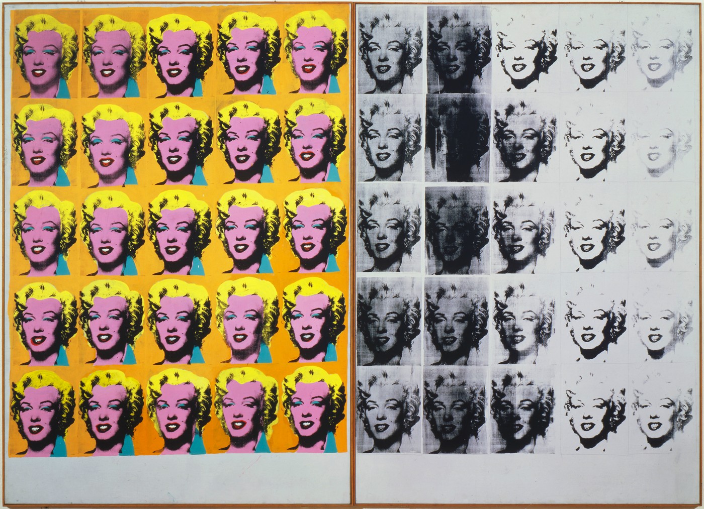 Figure 24-1: Andy Warhol silk-screened his Marilyn Diptych in 1962 shortly after Monroe’s death. Shocking, neonlike colors lend the star a kind of artificial immortality.